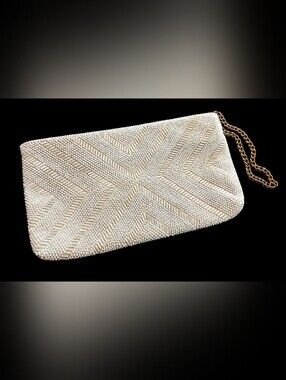 Elegant Vintage Ivory Beaded Women’s Clutch with Chain Strap